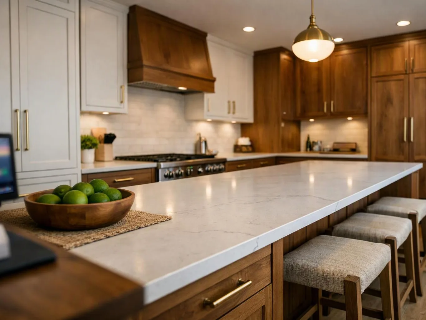 A modern kitchen with a large white island, wooden cabinets, stools, and a bowl of green limes
