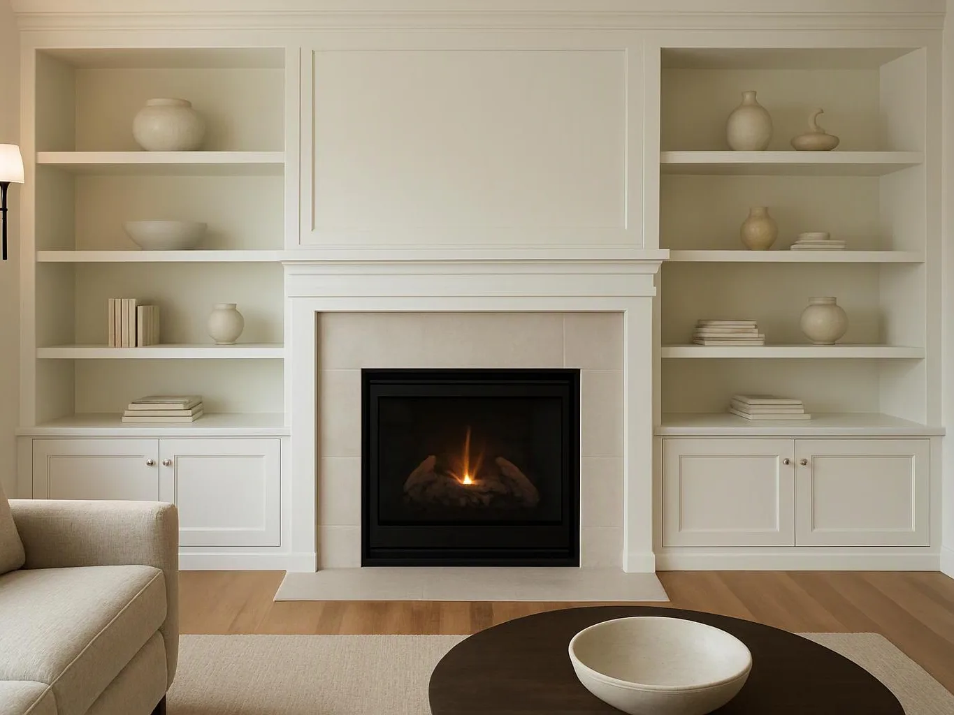 A modern living room shows a lit fireplace between built-in shelves, with a sofa and coffee table in front