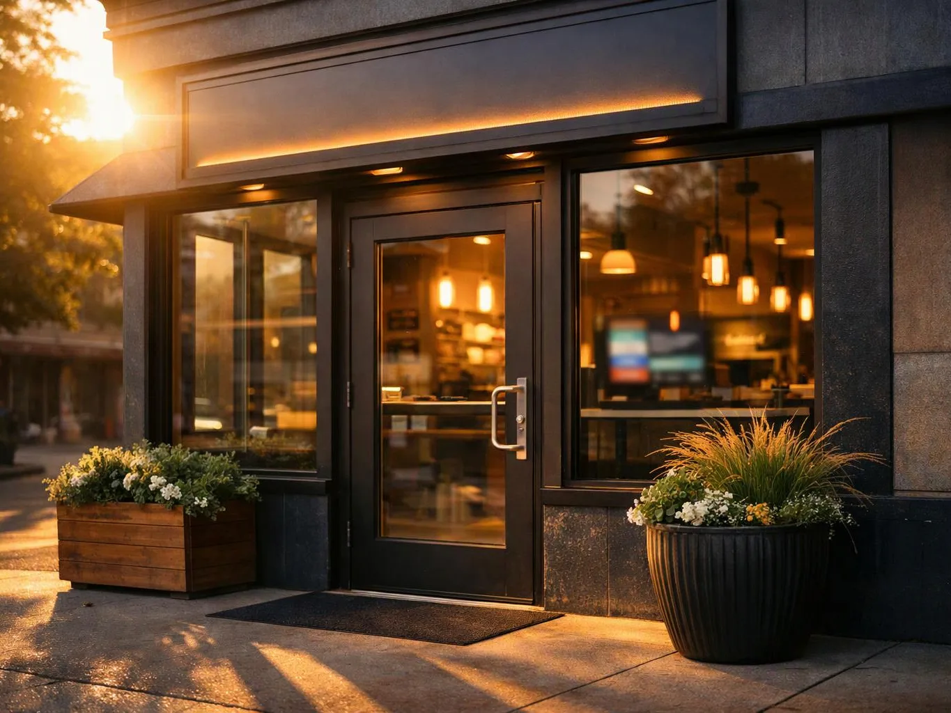 A modern storefront with a glass door, warm interior lights, and flower planters at sunset