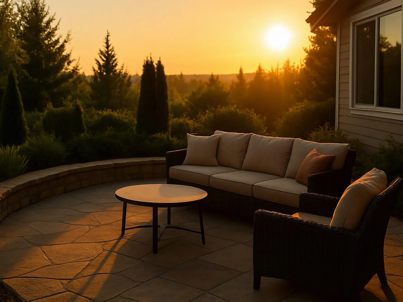 A patio with cushioned outdoor seating and a round table glows in warm sunset light