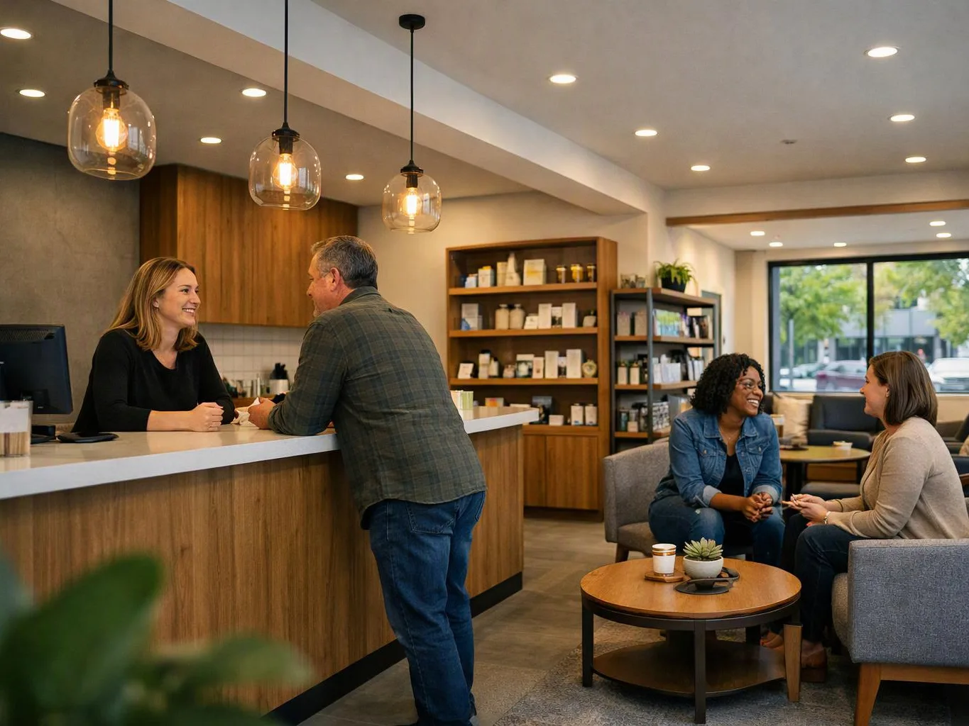 People chat at a modern reception desk while two women talk on gray chairs beside a coffee table