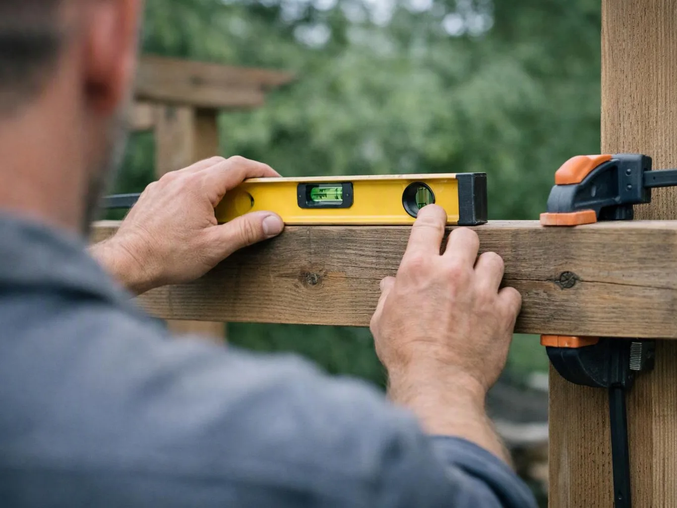 A person checks a bubble level on a wooden beam clamped to a post outdoors