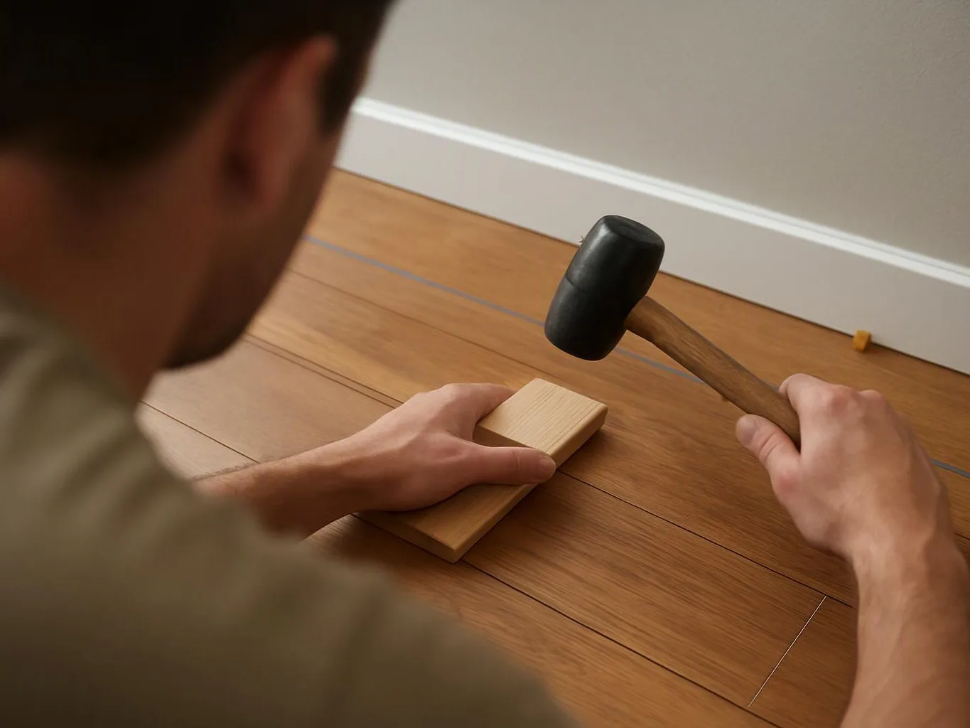 A person holds a mallet and presses a small wooden block on a wood floor near a wall