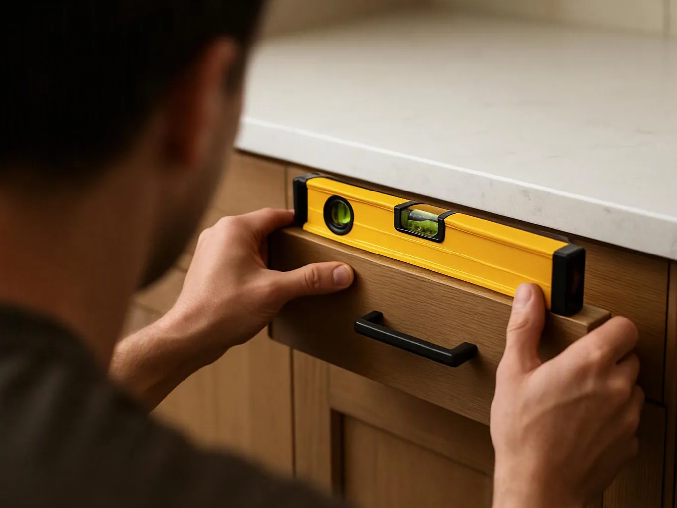 A person holds a yellow spirit level against a kitchen drawer front under a white countertop