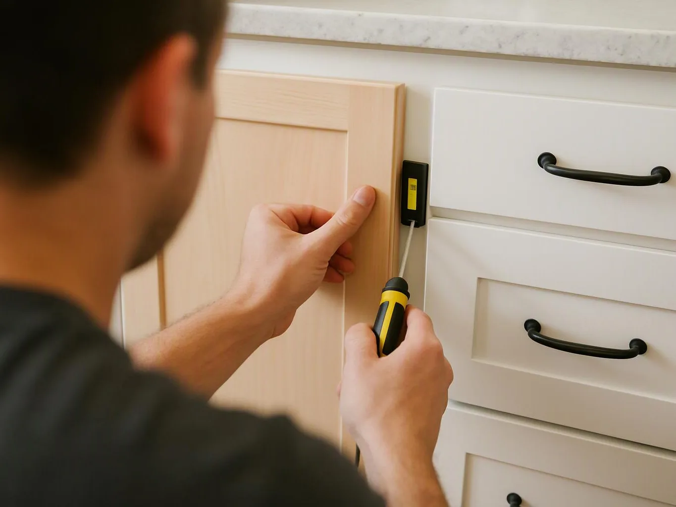 A person installs a cabinet door hinge in a bright kitchen using a screwdriver