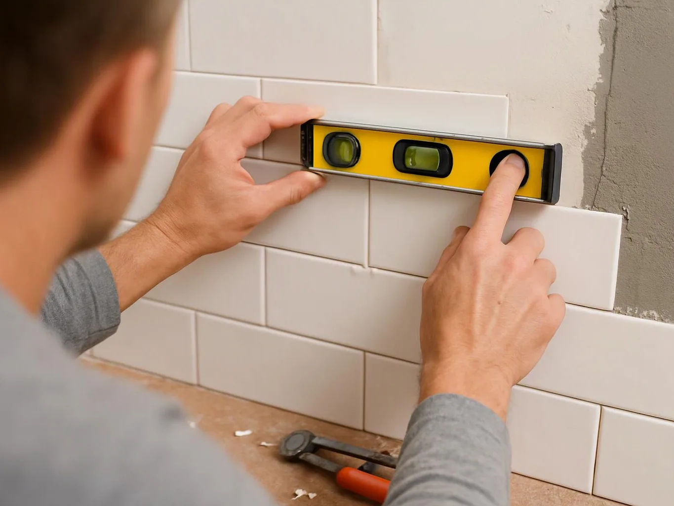 A person levels white subway tiles on a wall with a yellow spirit level