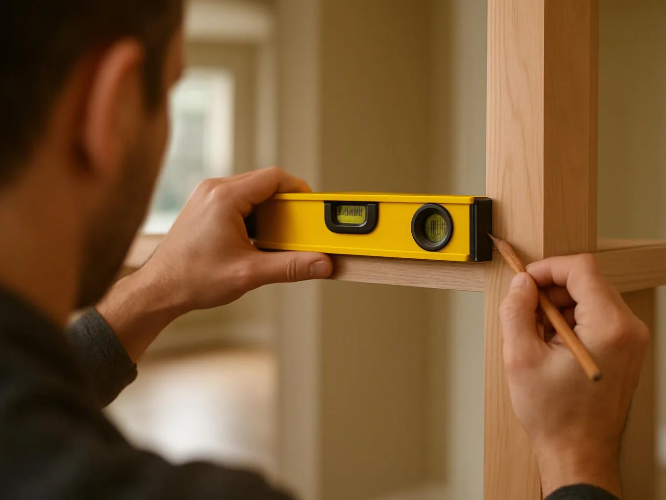 A person levels a wooden shelf frame with a yellow spirit level and marks the edge with a pencil