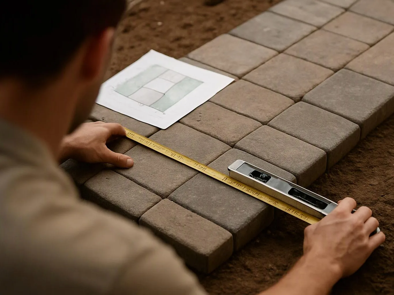 A person measures a row of paving stones with a tape and level beside a sketch on the ground