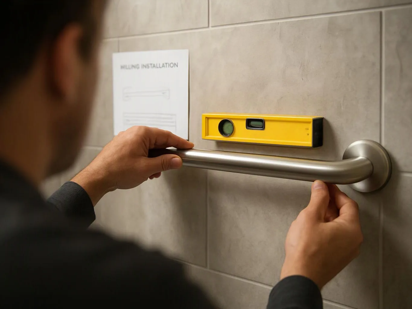 A person measures a stainless steel grab bar on a tiled wall with a yellow level nearby