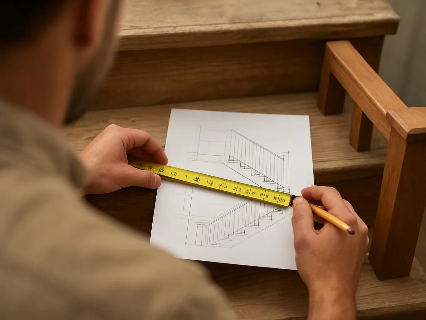 A person measures a stair drawing on paper with a yellow tape and pencil on wooden steps