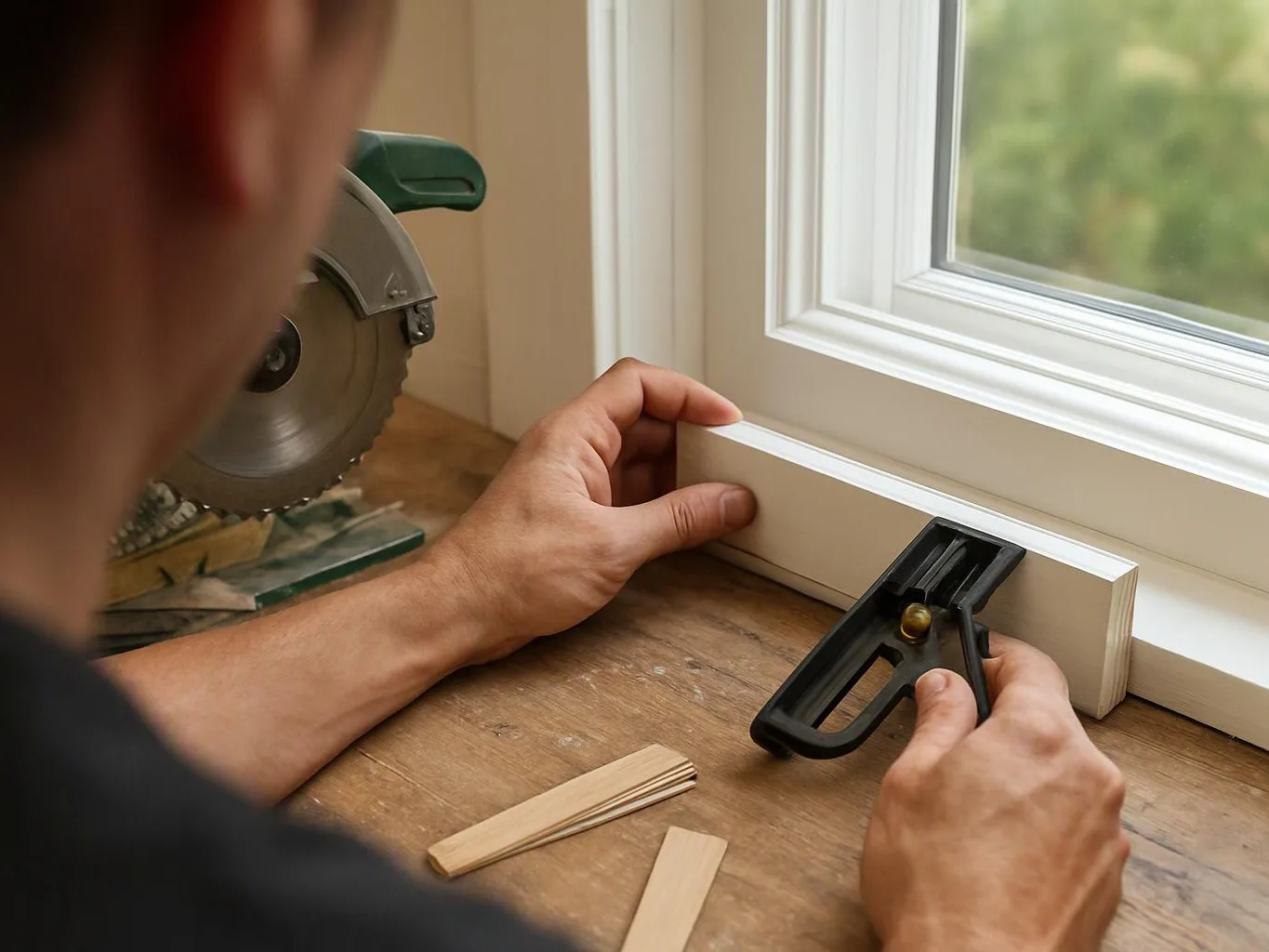 A person measures a white wood board beside a window with a saw and hand tool on a workbench