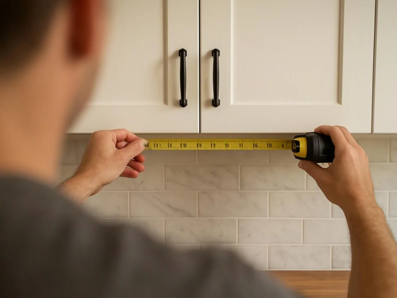 A person measures the width under white kitchen cabinets with a yellow tape measure