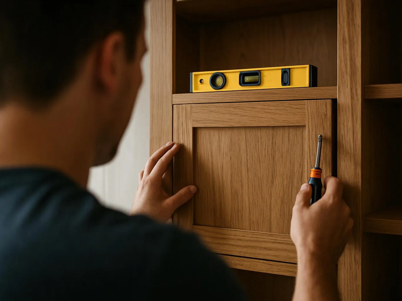 A person measures a wooden cabinet door with a screwdriver nearby, while a yellow level rests on the shelf above