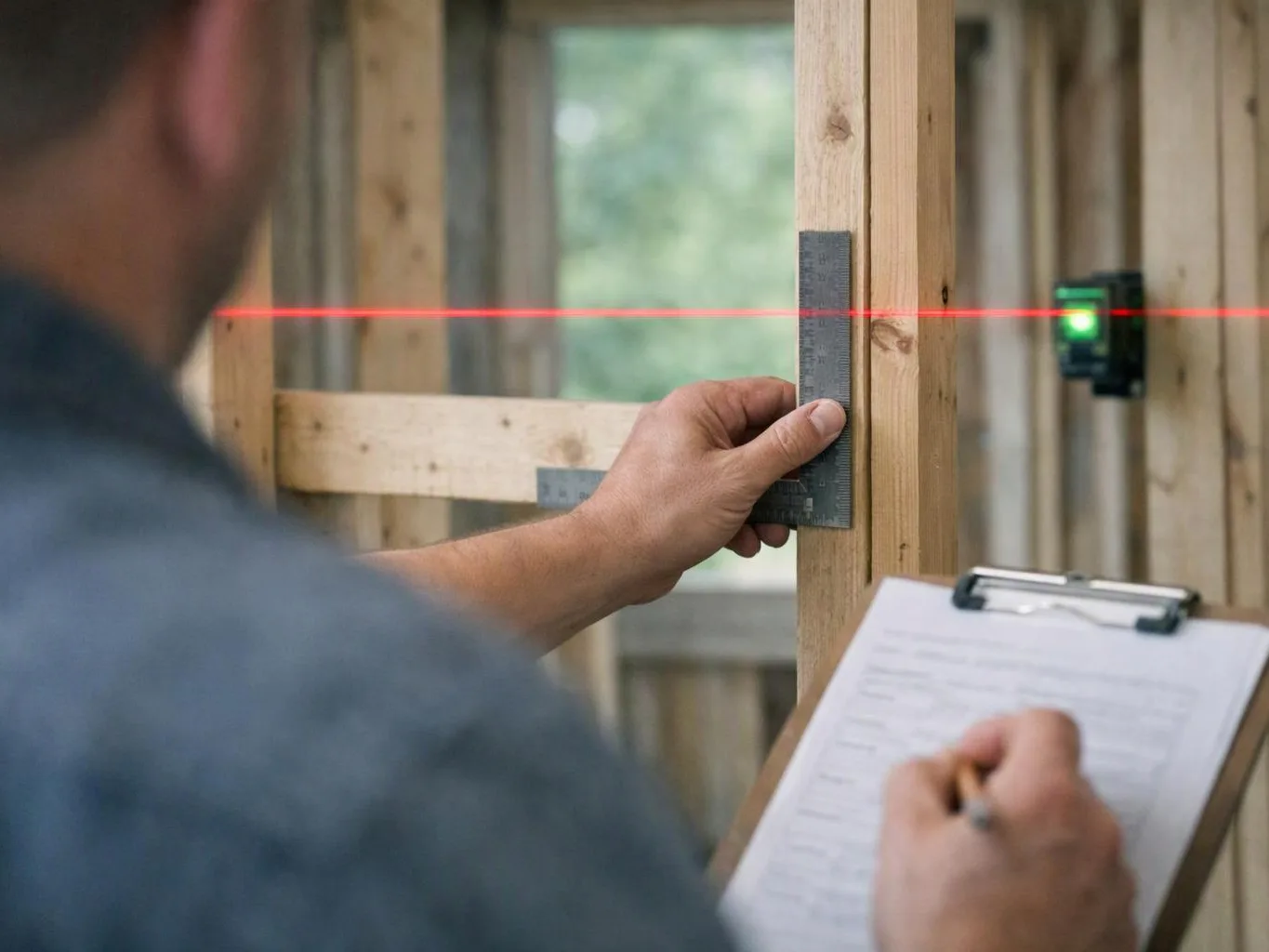 A person measures a wooden frame with a square while a red laser line crosses the unfinished wall indoors