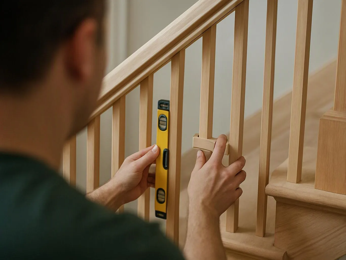 A person measures a wooden staircase railing with a yellow level inside a home
