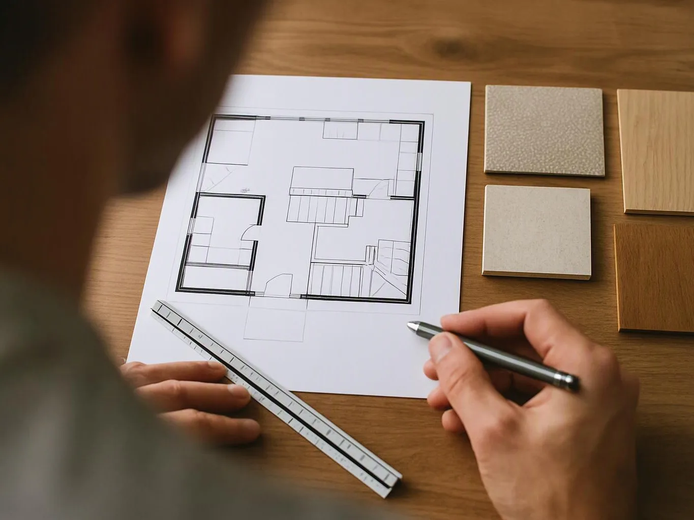 A person sketches a house floor plan on paper beside a ruler and wood sample tiles