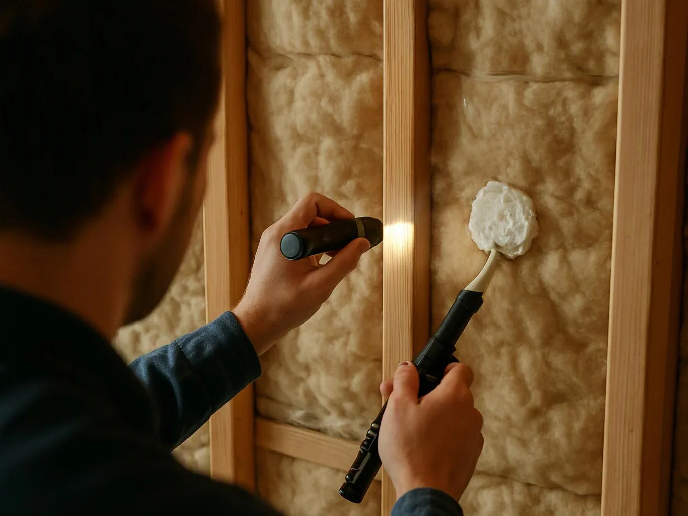 A person uses a flashlight and a handheld tool to inspect insulation between wooden wall studs