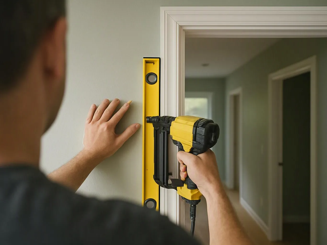 A person uses a yellow power nailer to fasten trim beside a doorway in a hallway