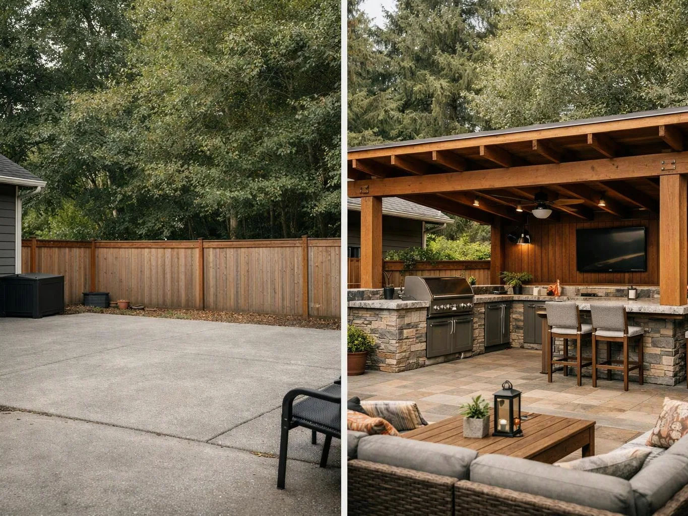 A plain backyard patio sits beside a covered outdoor kitchen with a grill, bar stools, and a wall-mounted TV