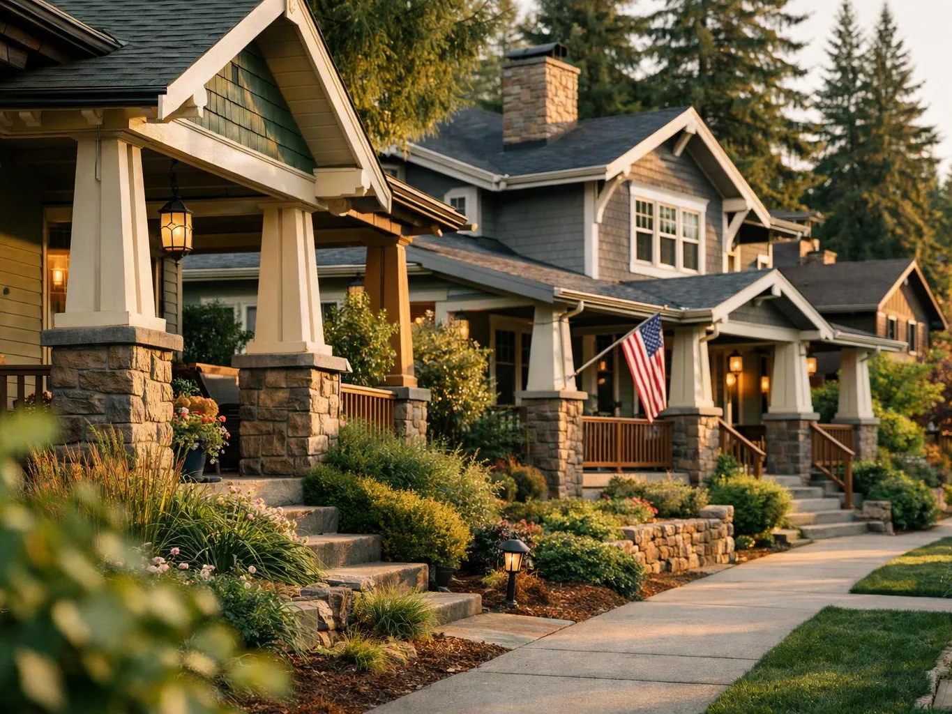 A row of Craftsman-style houses with porches and an American flag lines a quiet sidewalk at sunset