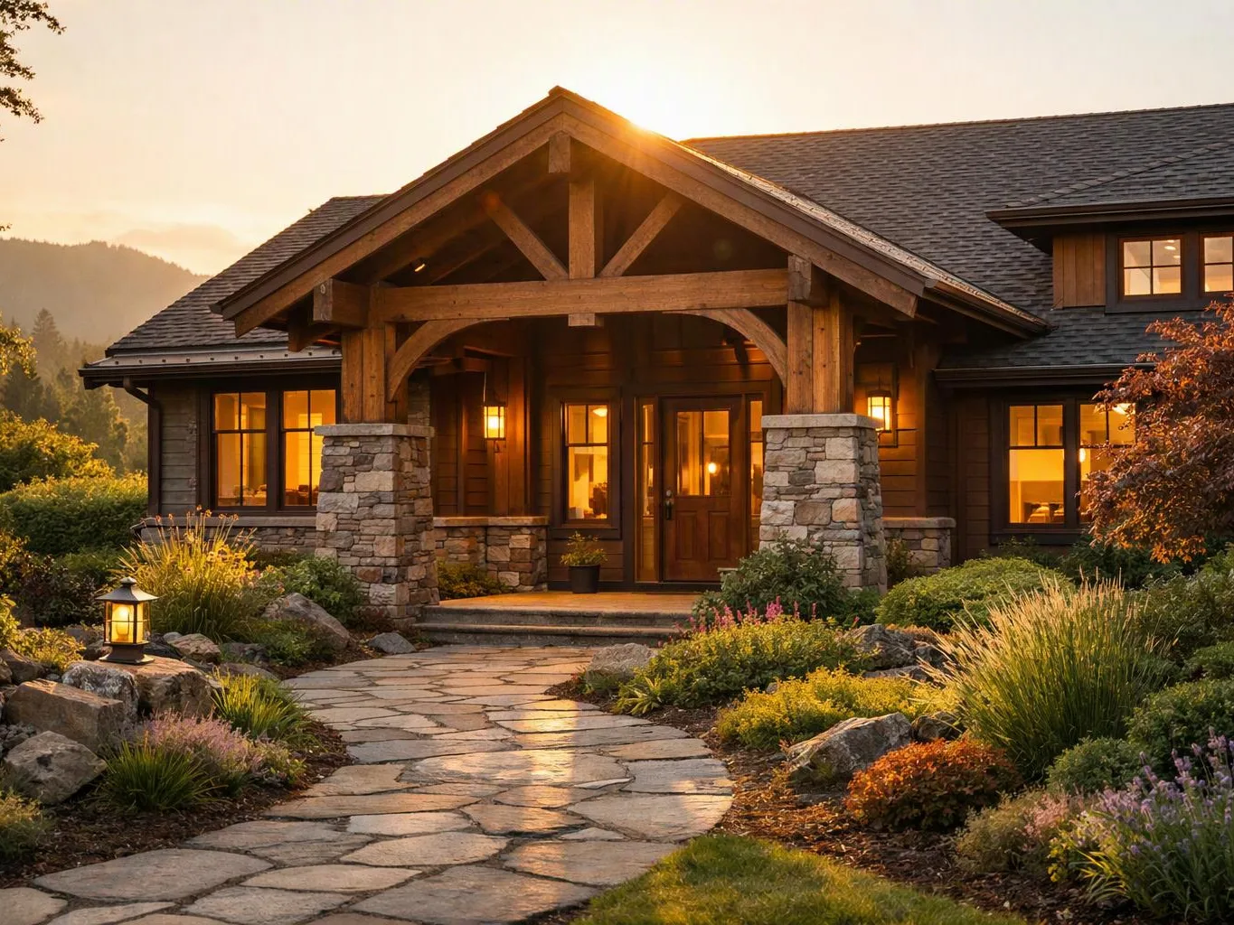 A rustic house glows at sunset, with stone pillars, lit windows, and a curved garden path leading to the door