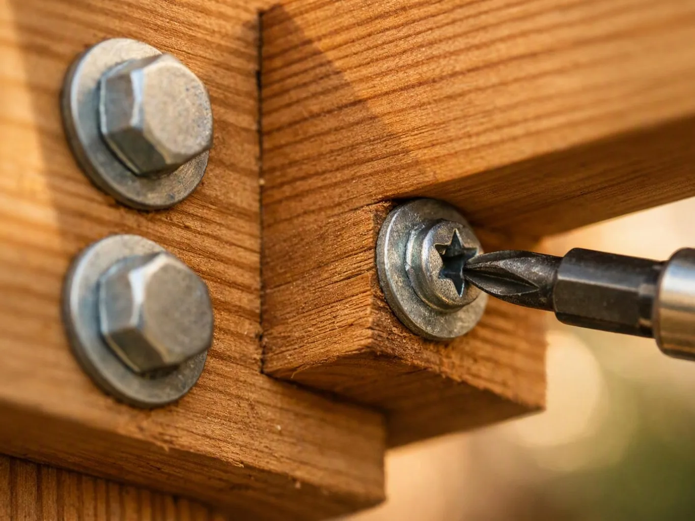 A screwdriver tightens a star screw into a wooden joint beside two metal bolts