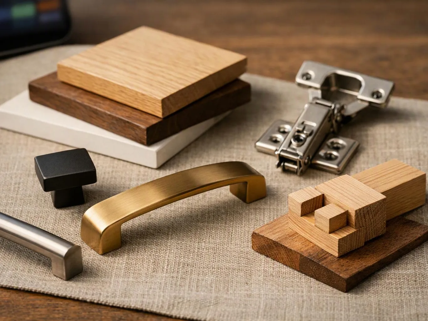 Several cabinet hardware samples and wood blocks sit on a fabric-covered table