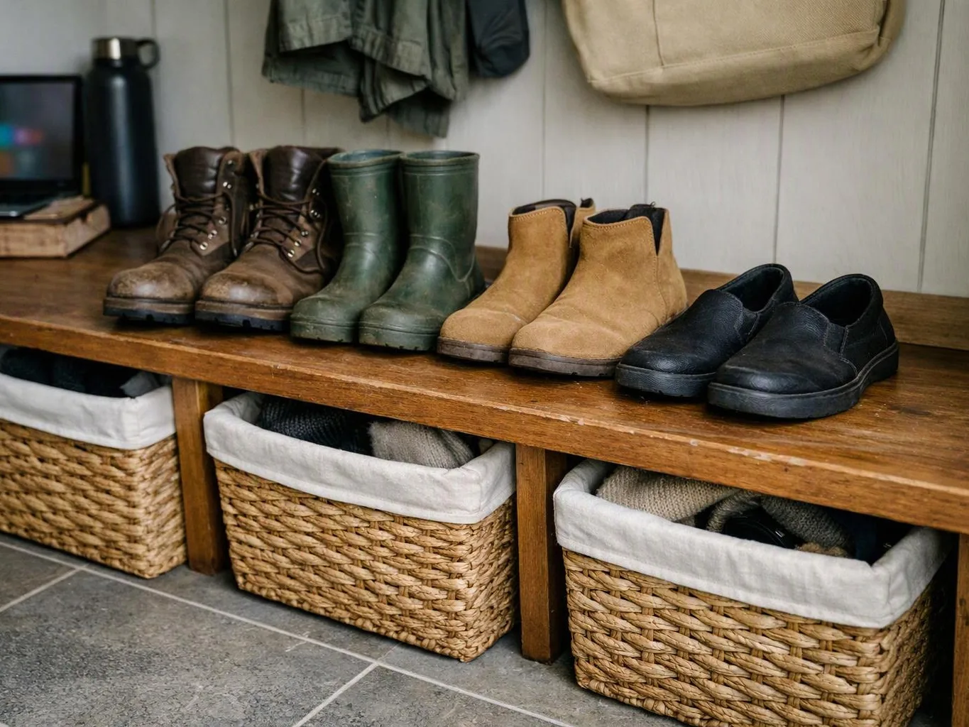 Several pairs of boots and shoes sit on a wooden bench above woven storage baskets in a mudroom