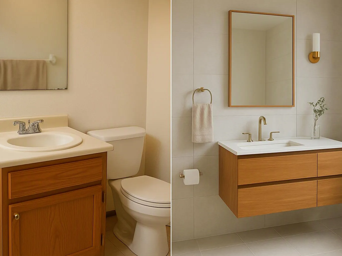 Side by side bathroom vanities show a plain beige sink and toilet on the left