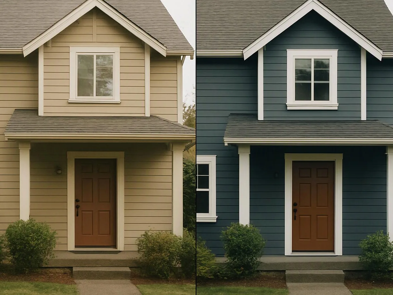Side-by-side house fronts show beige and dark blue siding with white trim and brown doors