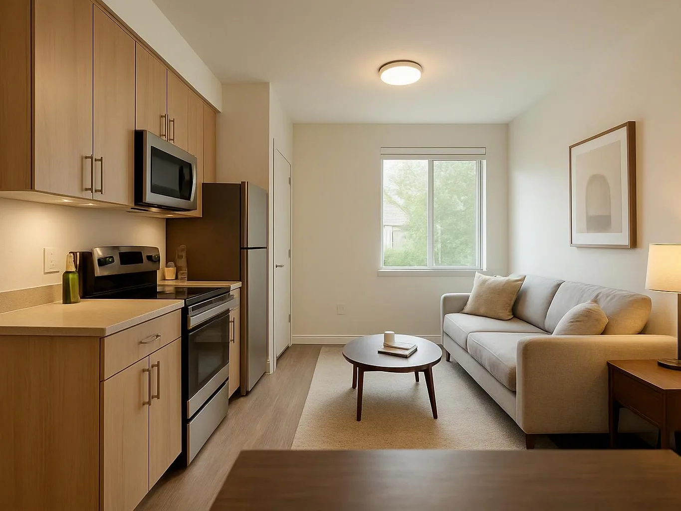 A small apartment living room and kitchen show a sofa, coffee table, cabinets, stove, and refrigerator under soft daylight