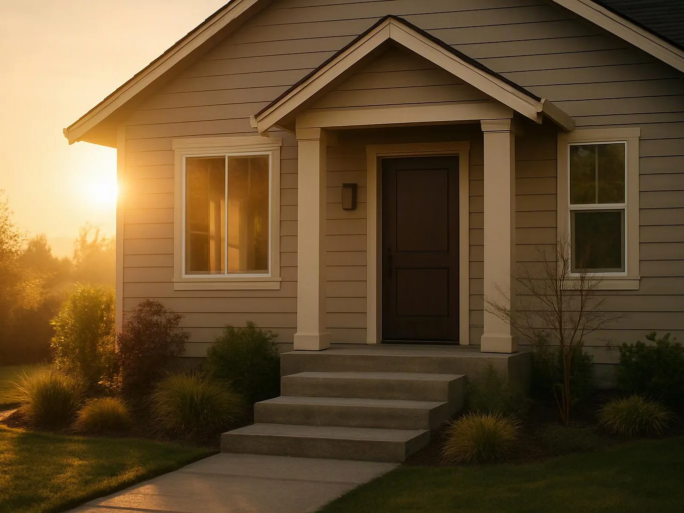 A small beige house with a front porch sits in warm sunset light beside a tidy lawn