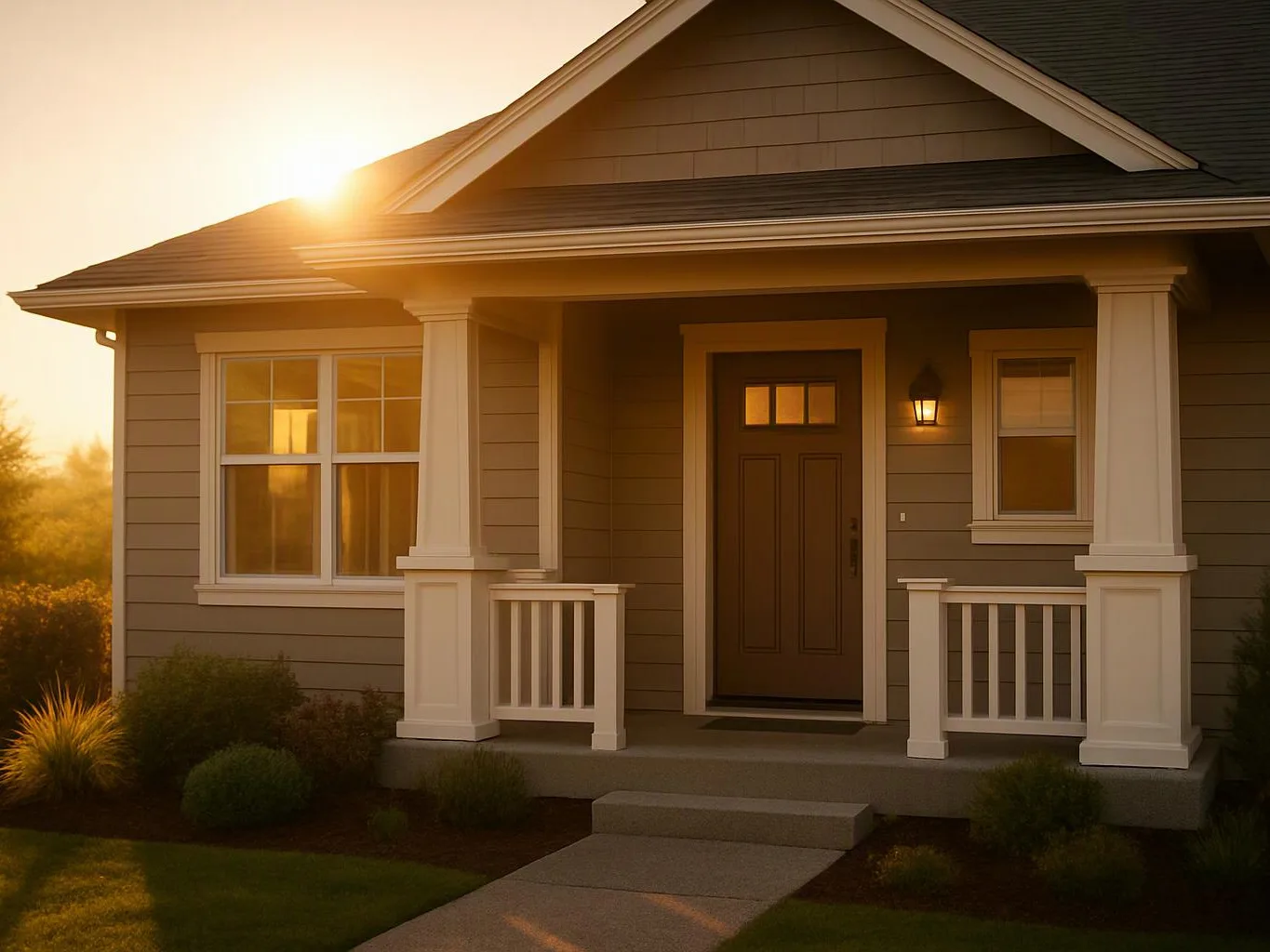 A small gray house with white trim sits in warm sunset light, showing a front porch and walkway