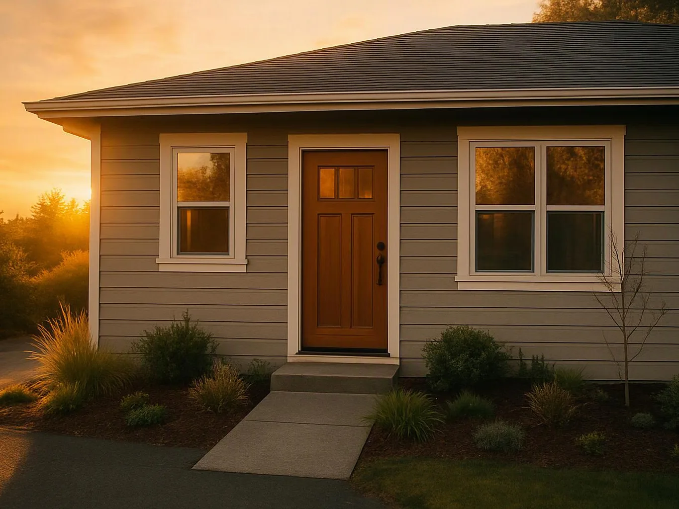 A small gray house with a wooden front door sits at sunset beside a concrete path and shrubs