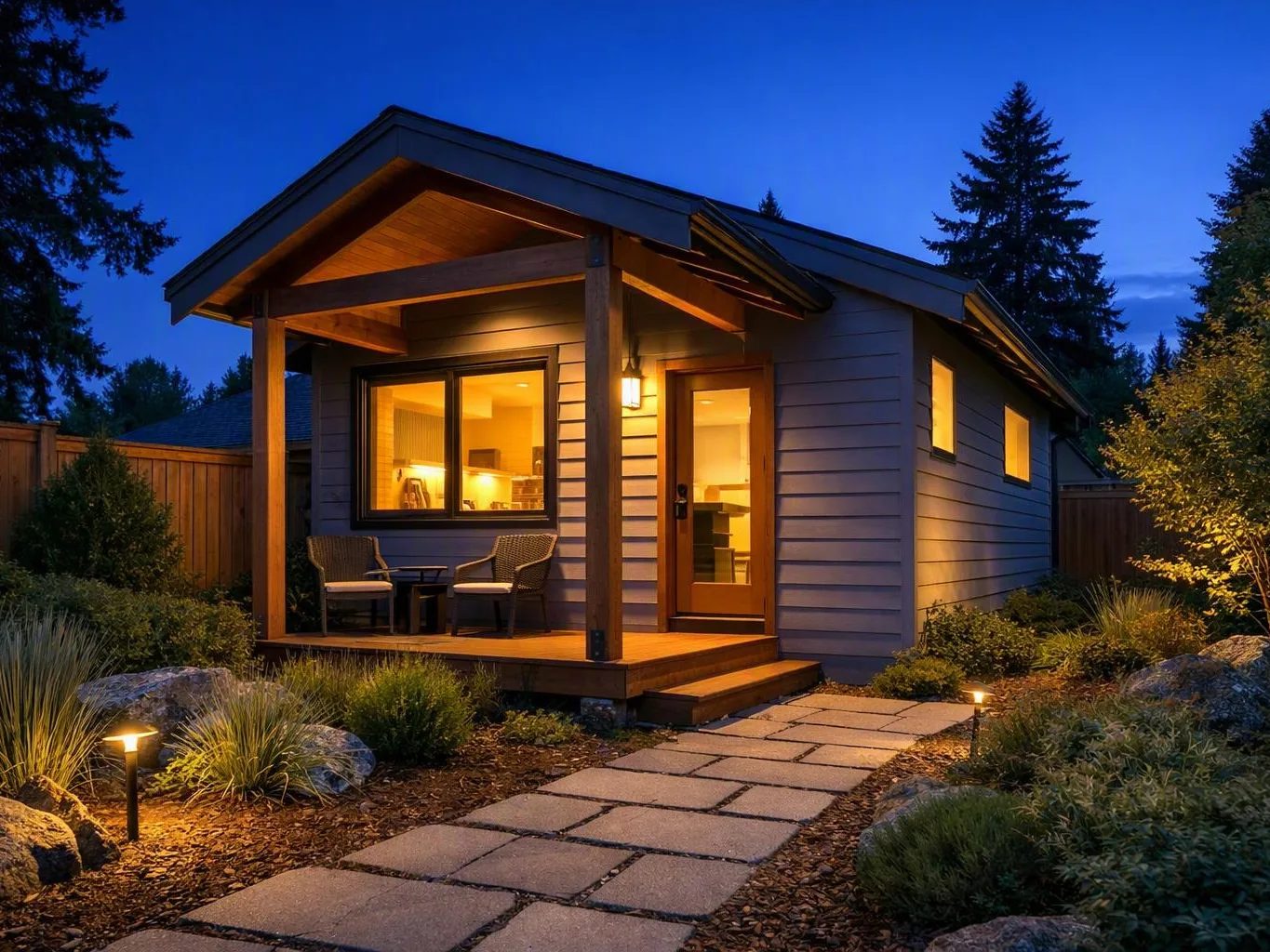 A small modern house glows at dusk, with a lit porch, stone path, and landscaped yard