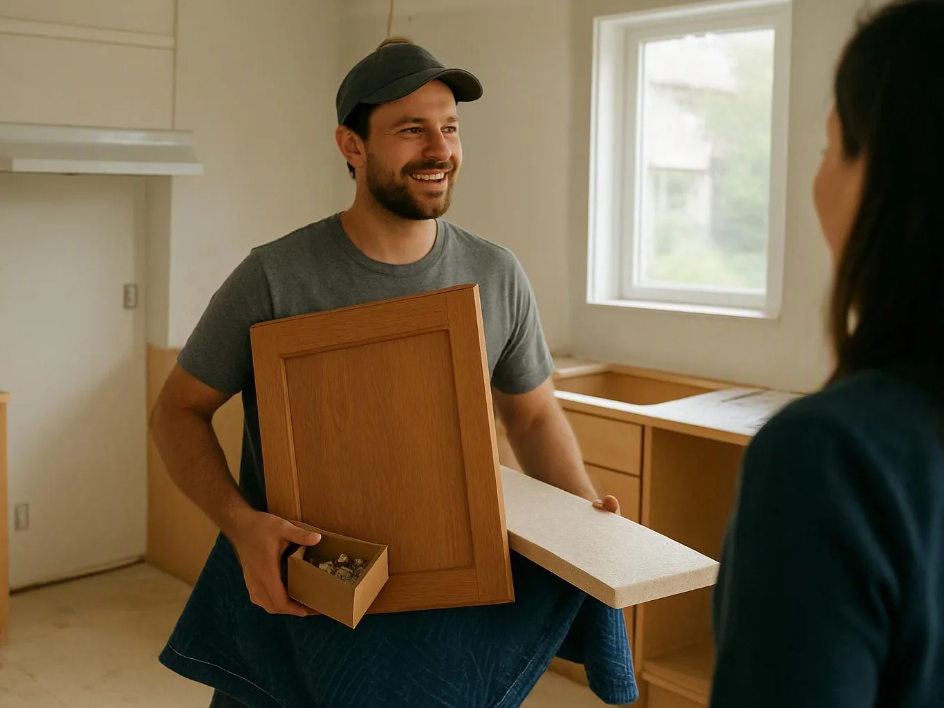 A smiling man holds cabinet parts and hardware while talking to a woman in a bright unfinished kitchen