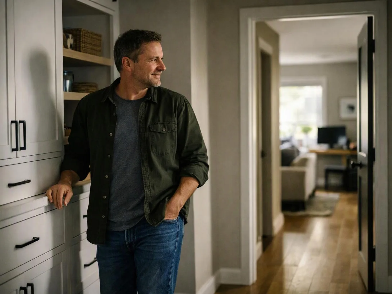 A smiling man leans against kitchen cabinets in a bright home hallway, looking to the side