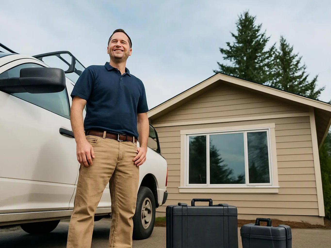 A smiling man stands beside a white van and two black cases in front of a beige house