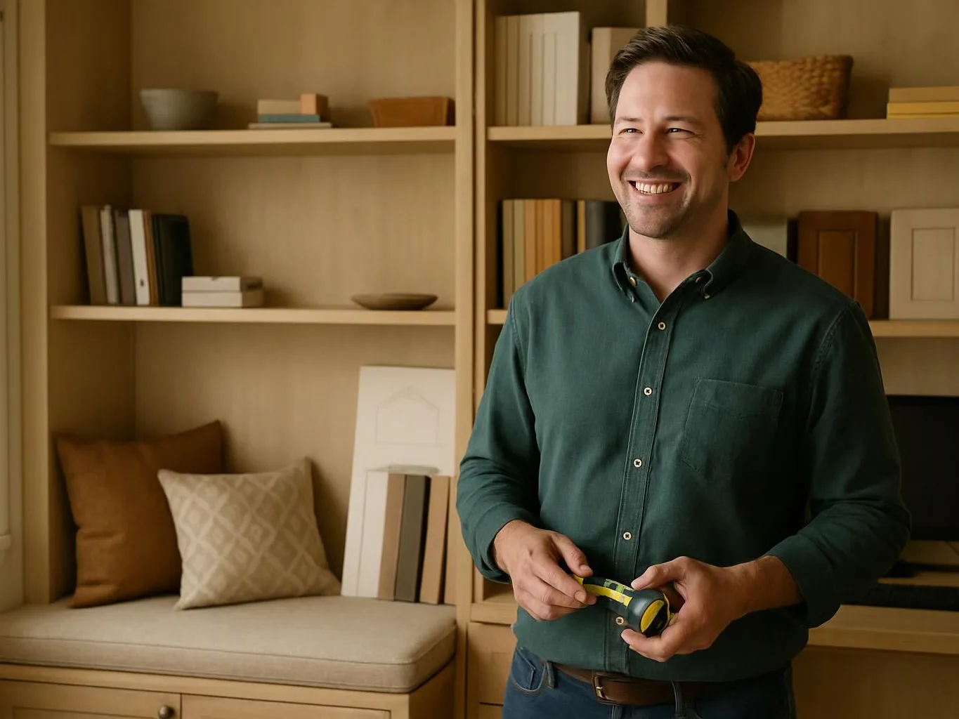 A smiling man stands in a cozy room, holding a tape measure in front of shelves and cushions