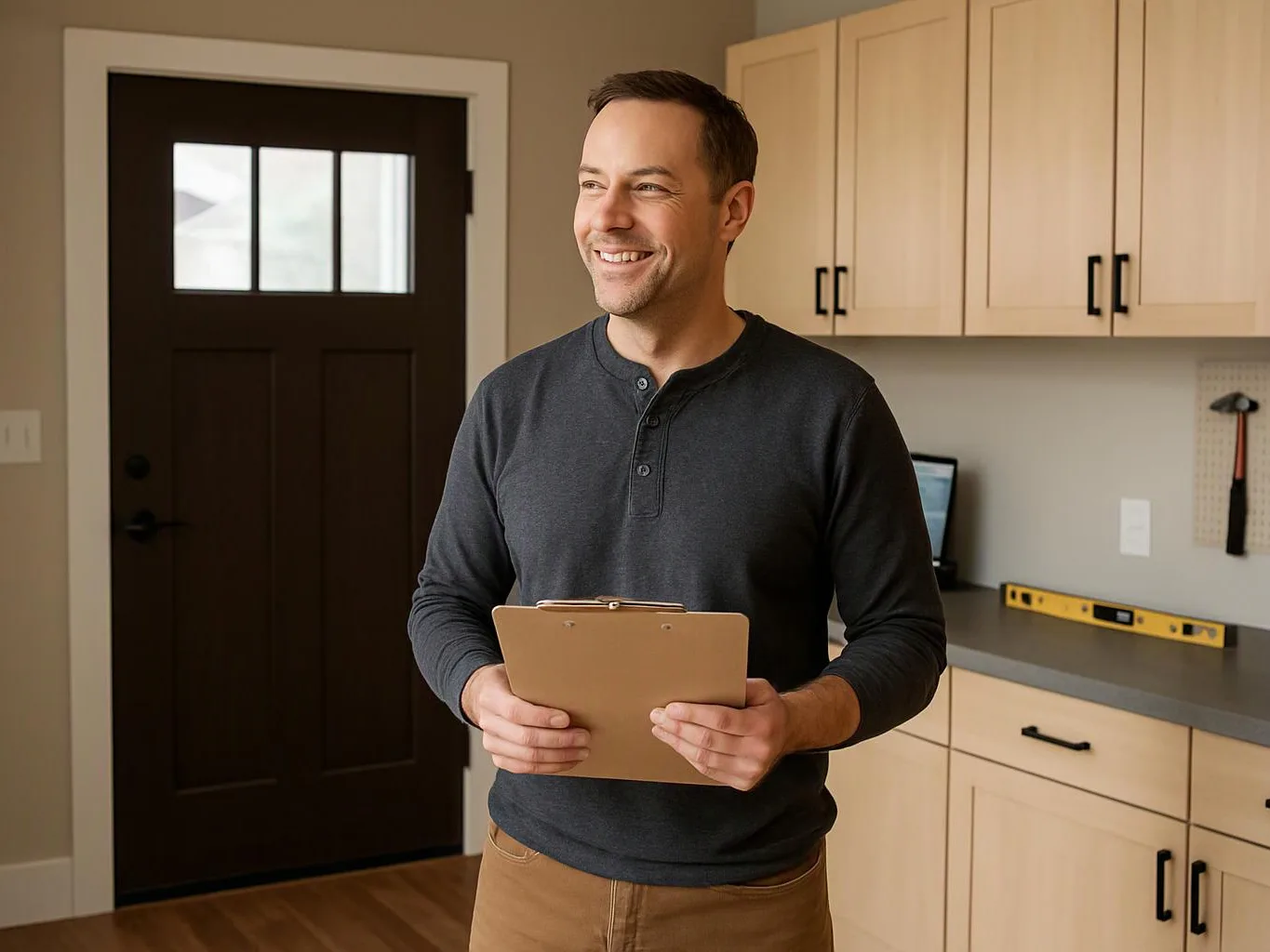 A smiling man stands in a kitchen holding a clipboard near the counter and cabinets