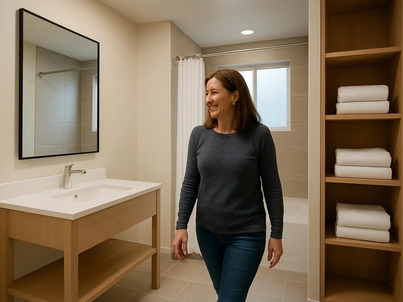 A smiling woman walks through a modern bathroom with a sink, mirror, shower curtain, and towel shelves