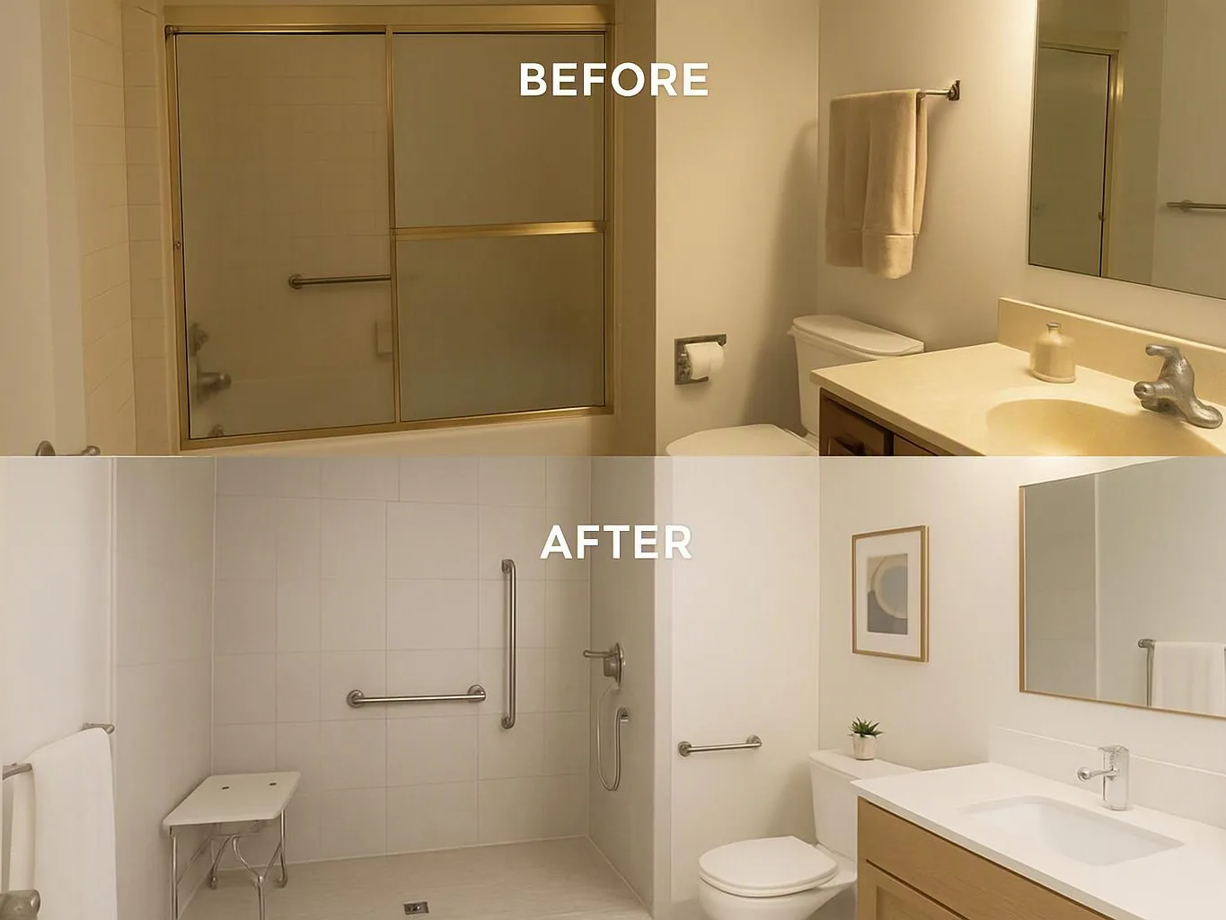 Split bathroom before-and-after shows a shower and vanity, with a simpler bright remodel below