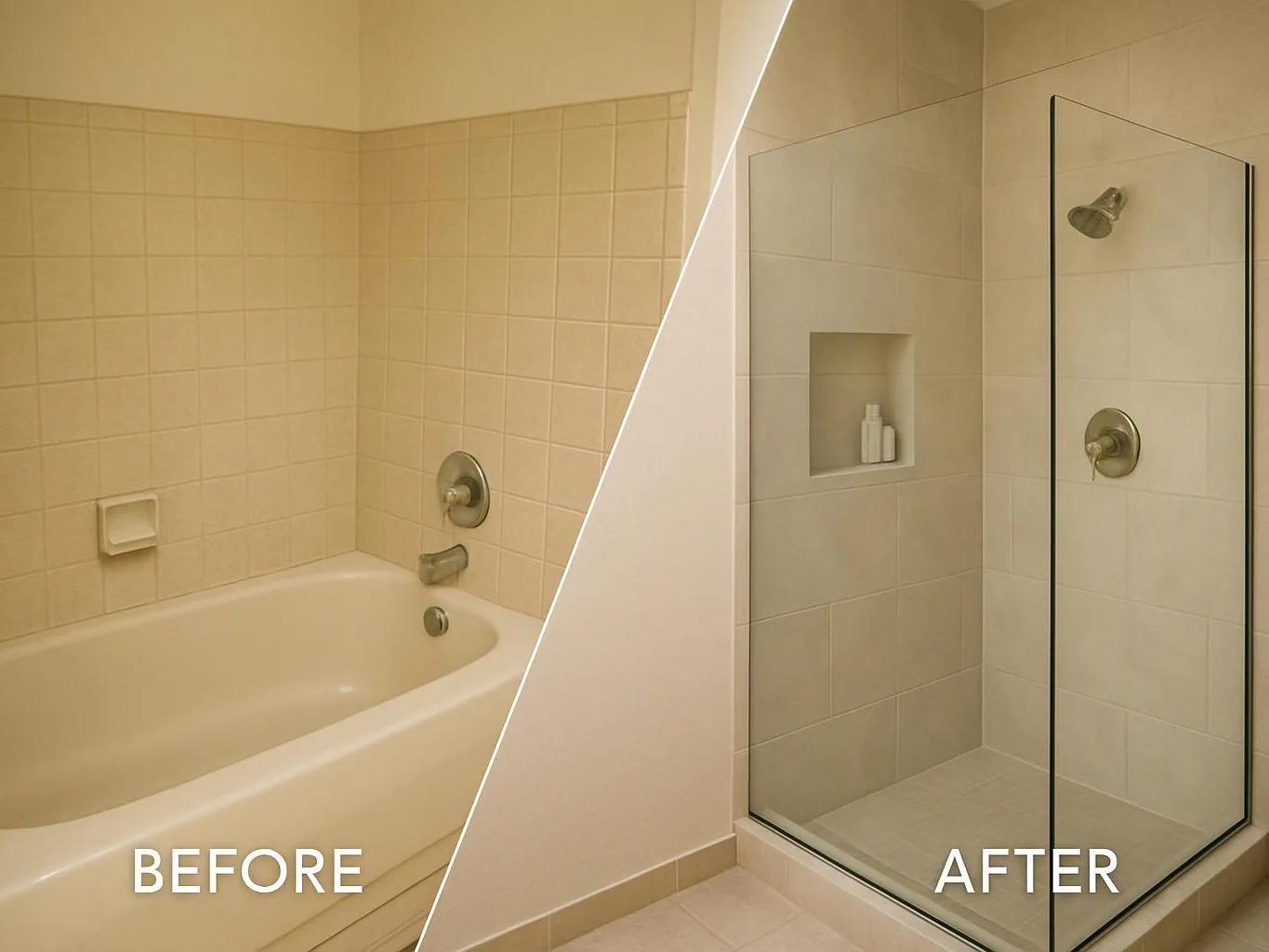 Split bathroom view shows a bathtub before and a glass shower stall after conversion