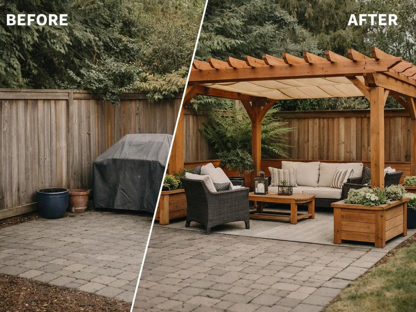 Split before-and-after patio view shows a covered grill area transformed into a wooden pergola seating nook