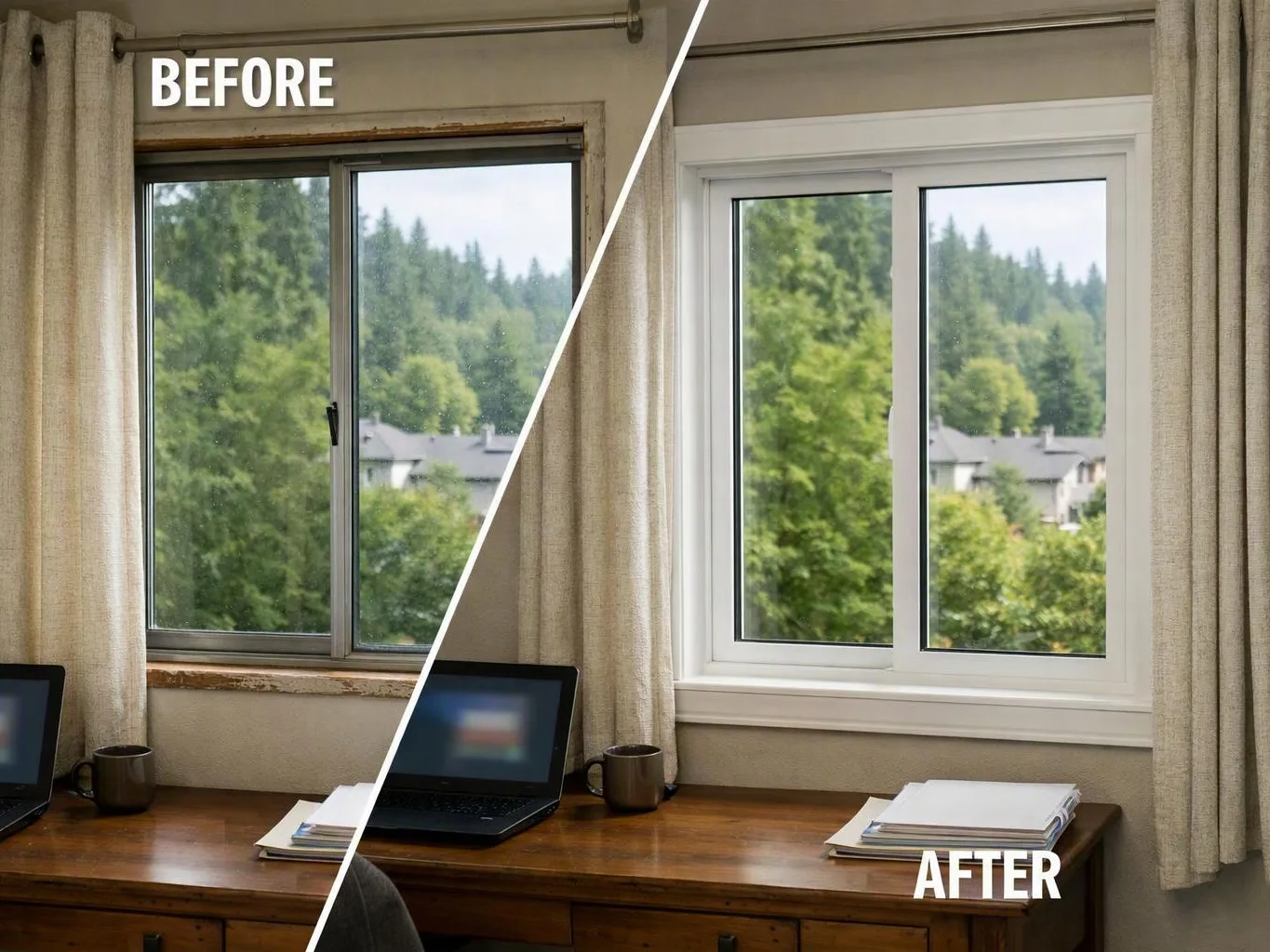Split before-and-after view of a desk, curtains, and a window replaced with a white frame and trim