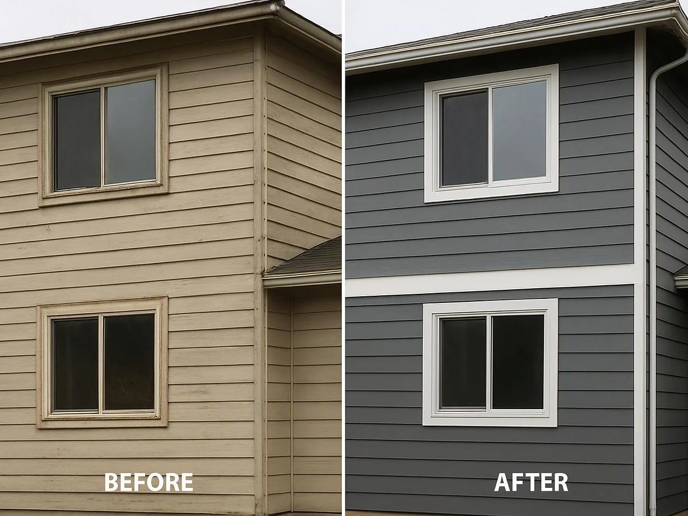 Split before-and-after view of a house exterior