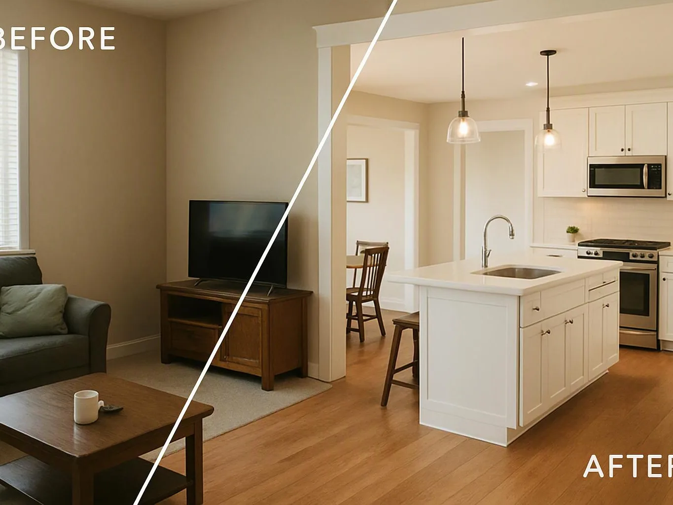 Split before-and-after view of a living room and a bright kitchen with island, pendant lights, and wood floors
