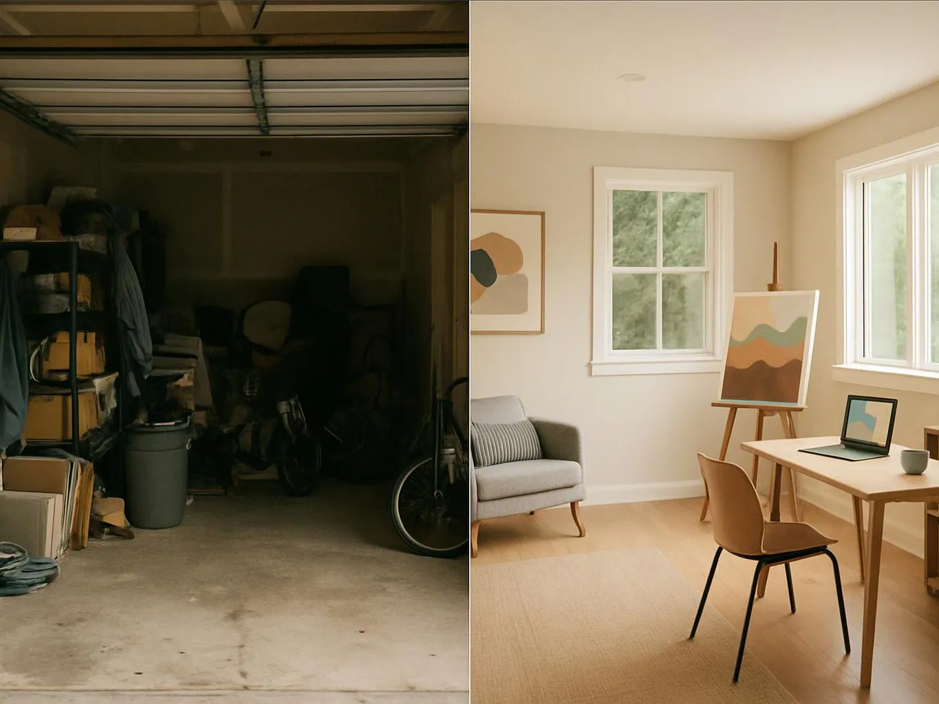 A split image shows a cluttered dark garage beside a bright minimalist room with desk, chair, easel, and sofa