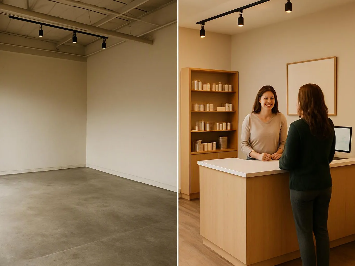 Split image shows an empty room on the left and a woman speaking with a receptionist at a counter on the right
