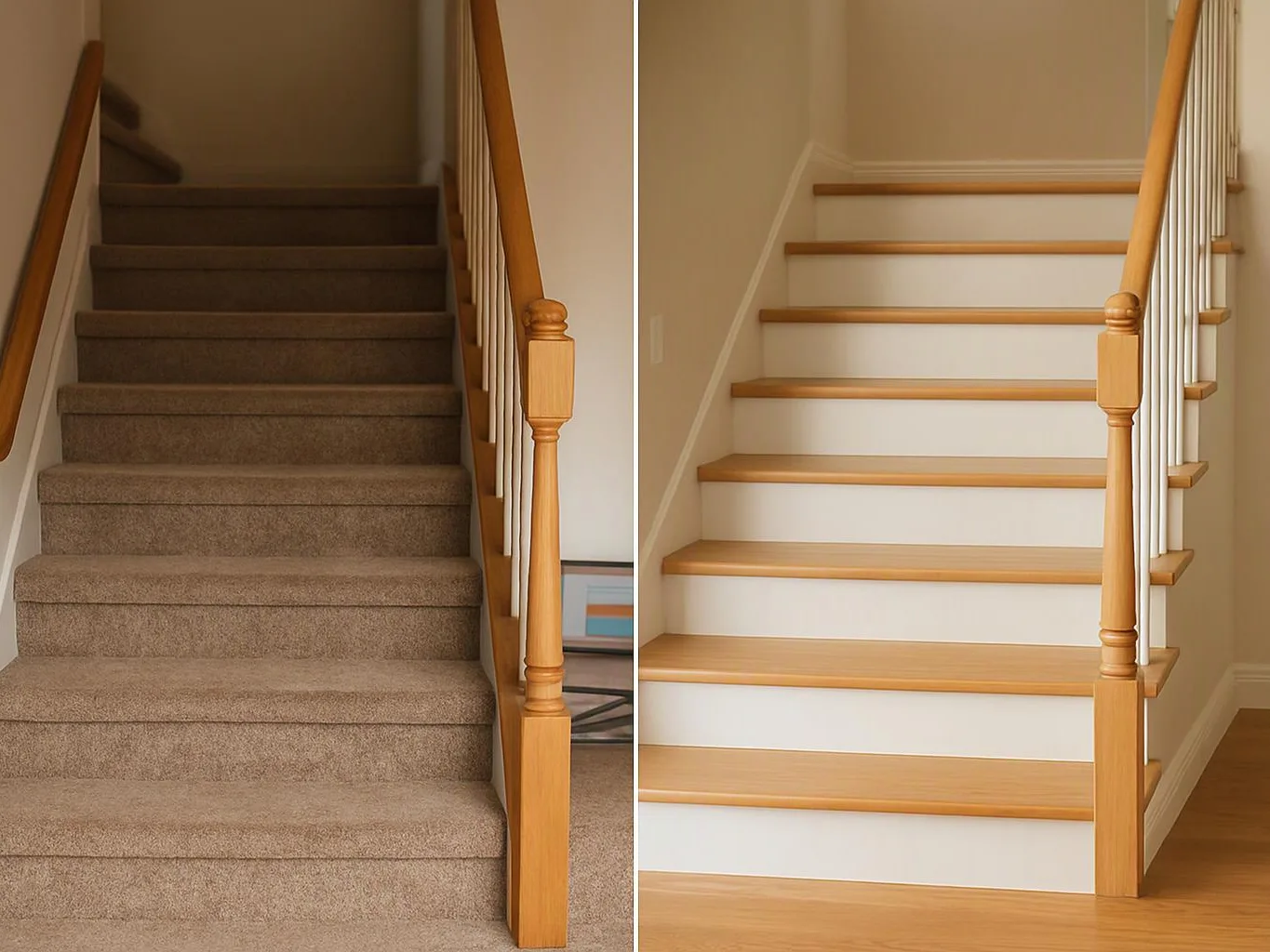 Split image shows two indoor staircases, one carpeted and one wood tread with white risers and railings